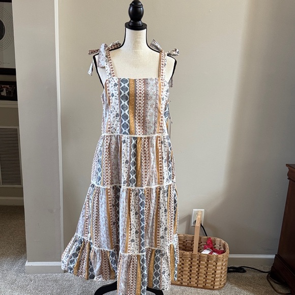 Lucky Brand Dresses & Skirts - Lucky Brand Cream, Tan & Blue Tiered Midi Dress with Straps